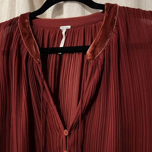 Free People Pleated Chiffon with Velvet Details Button-Up Blouse - Picture 3 of 8